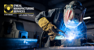welder with red, white and blue helmet