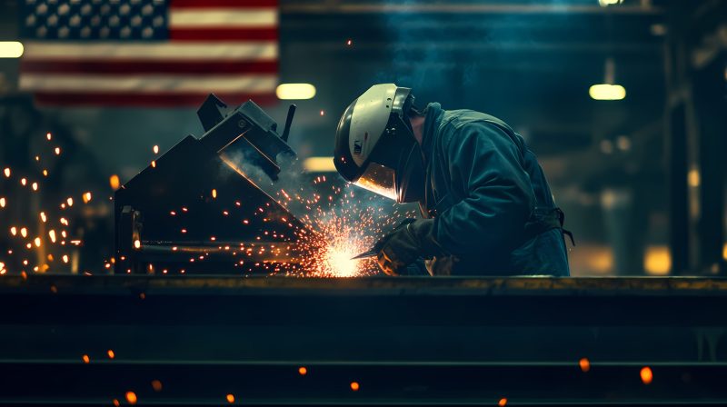 Steel worker welding large beam with American flag in background